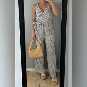 Neutral striped wrap tie waist wide leg cotton jumpsuit M | coastal vacation